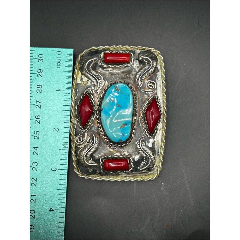Vintage Silver Belt Buckle With Turquoise Coral And Agate - Picture 5 of 6